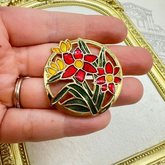 vintage Jewelry - Vintage Jewelry Red Flower Cloisonne Enamel Gold Tone Floral Brooch Daisy Pin